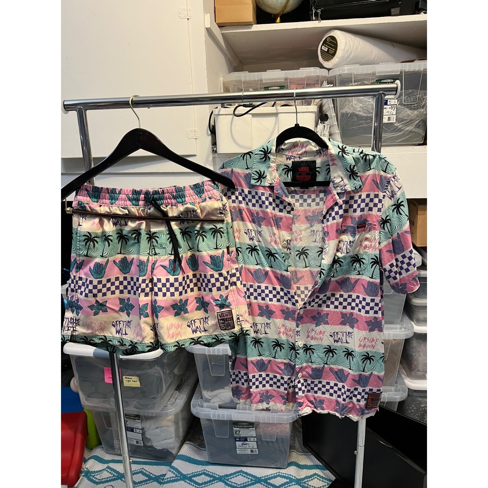 Vans x Stranger Things Mens Shirt and Shorts Set Small Pink Teal Checkerboard S